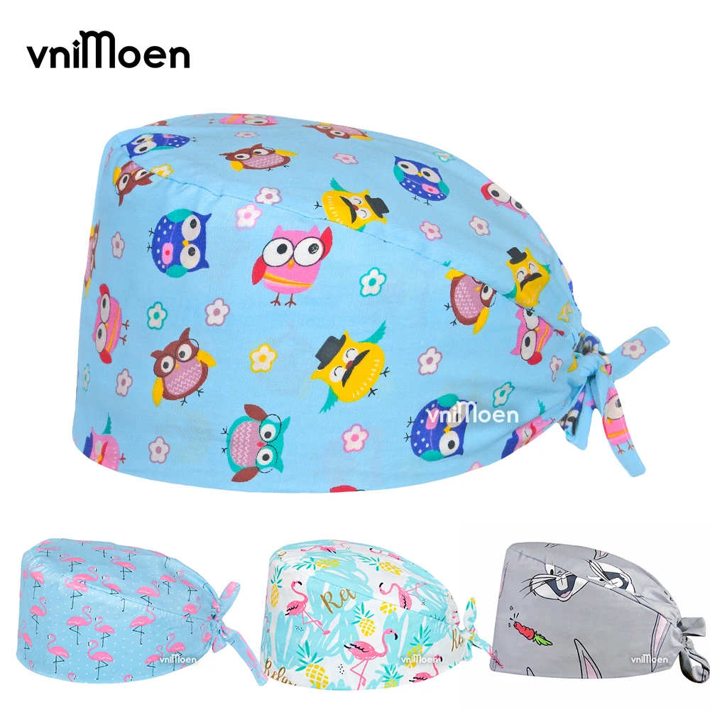 Pet owl Pattern Scrub Cap Dust Proof Caps Work Hats 100% Cotton Skull Cap Tieback Straps Sweatband Adjustable Beauty salon Hats