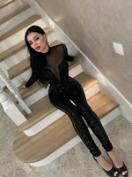 Mesh Patchwork Jumpsuits For Women Fashion Sexy Club Sequined Long Sleeves O-Neck Slim Fit See Through Romper Female Streetwear - Image 4