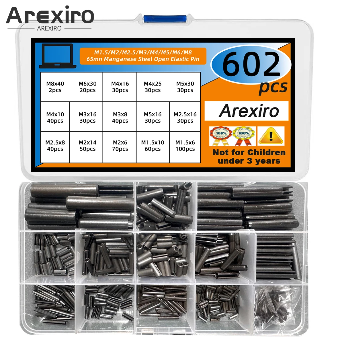 

602Pcs Roll Pins Assortment Set Steel Slotted Spring Roll Pins Assorted Metal Split Spring Kit M1.5/M2/M2.5/M3/M4/M5/M6/M8