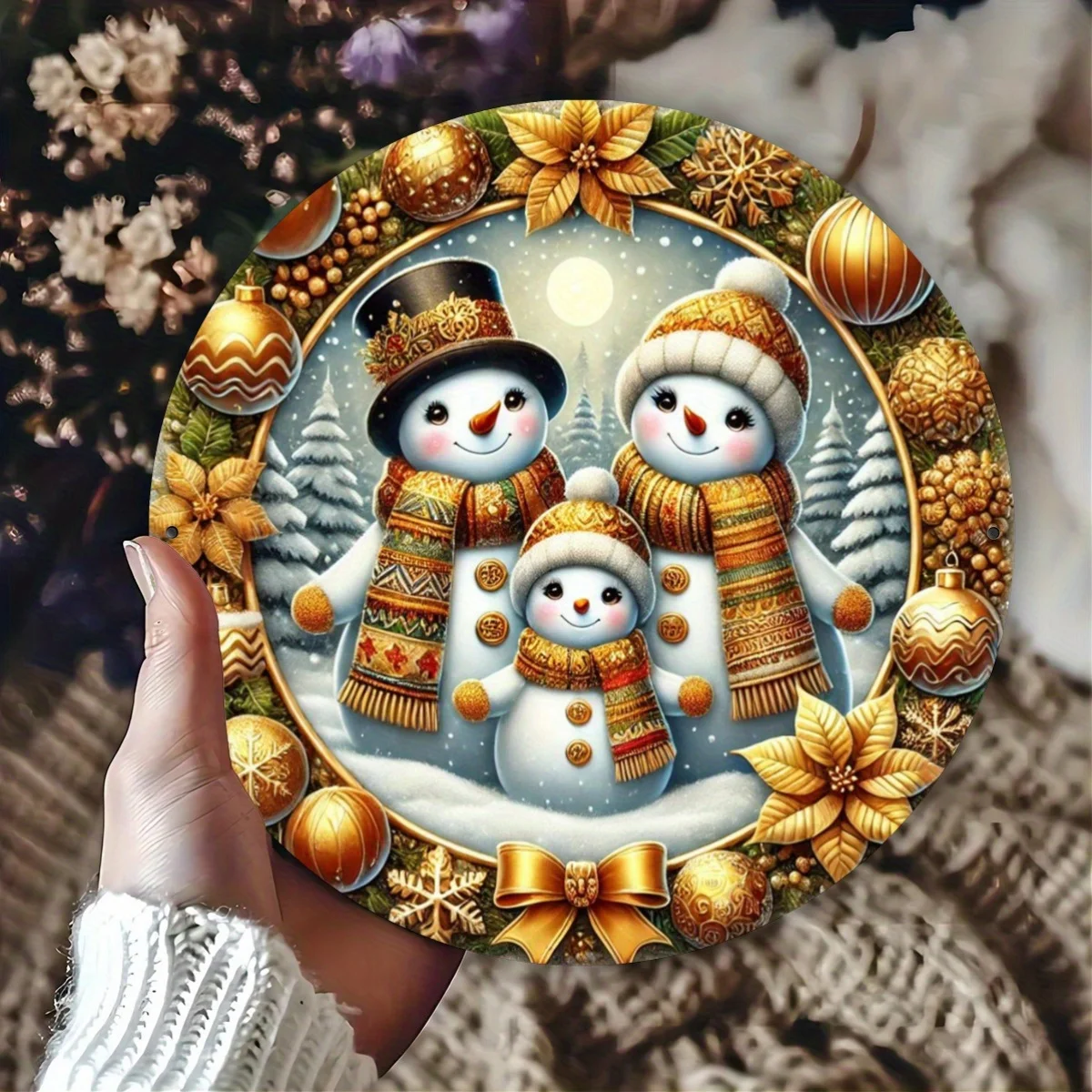 1 Stück, Schneemann-Familie mit drei Themen, Metallschild mit flachem Druck, 20,32 x 20,32 cm, runde Blechwandkunst, festliche Feiertagsdekoration für Bar, Café