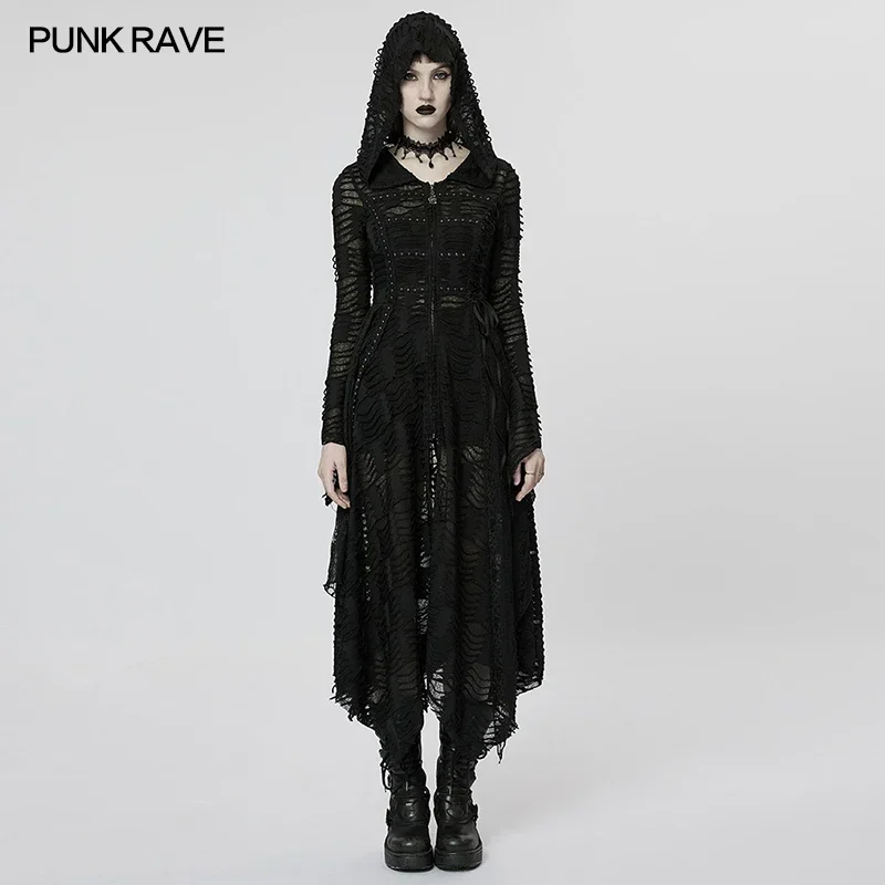 Manteau de magicien sombre en maille pour femmes, style PUNK RAVE, épissures en dentelle, gothique, personnalité mystérieuse, veste longue irrégulière, Club d'halloween