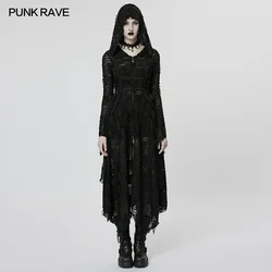 PUNK RAVE Women's Splices Lace Mesh Dark Wizard Coat Gothic Mysterious Personality Halloween Club Irregular Long Jacket