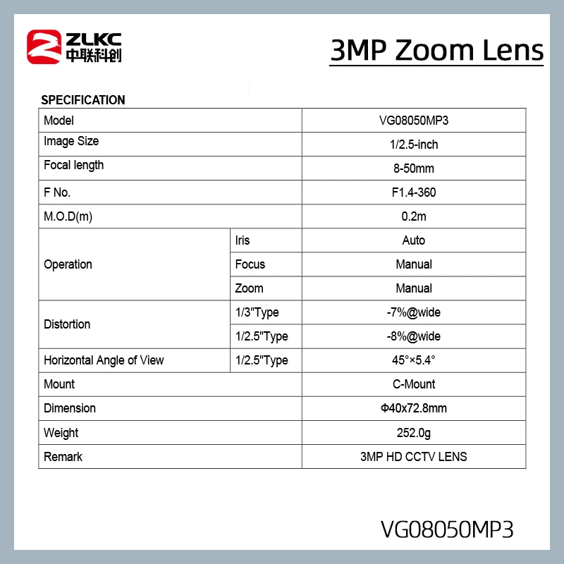 ZLKC 8-50mm Varifocal Lens CCTV Camera 1/2.5'' C-Mount Lens F1.4 Auto Aperture 3MP zoom Lens for CCTV Surveillance Cameras