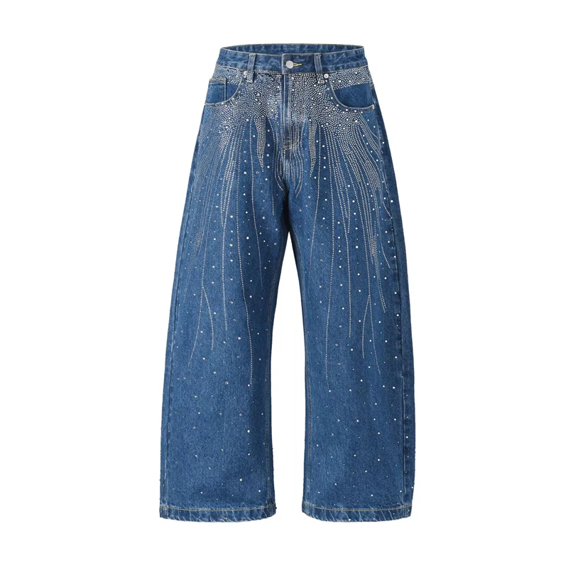 

Trendy Scattering Heat-melting Rhinestone Jeans American High Street Machete Pants Washed Straight Denim Trousers