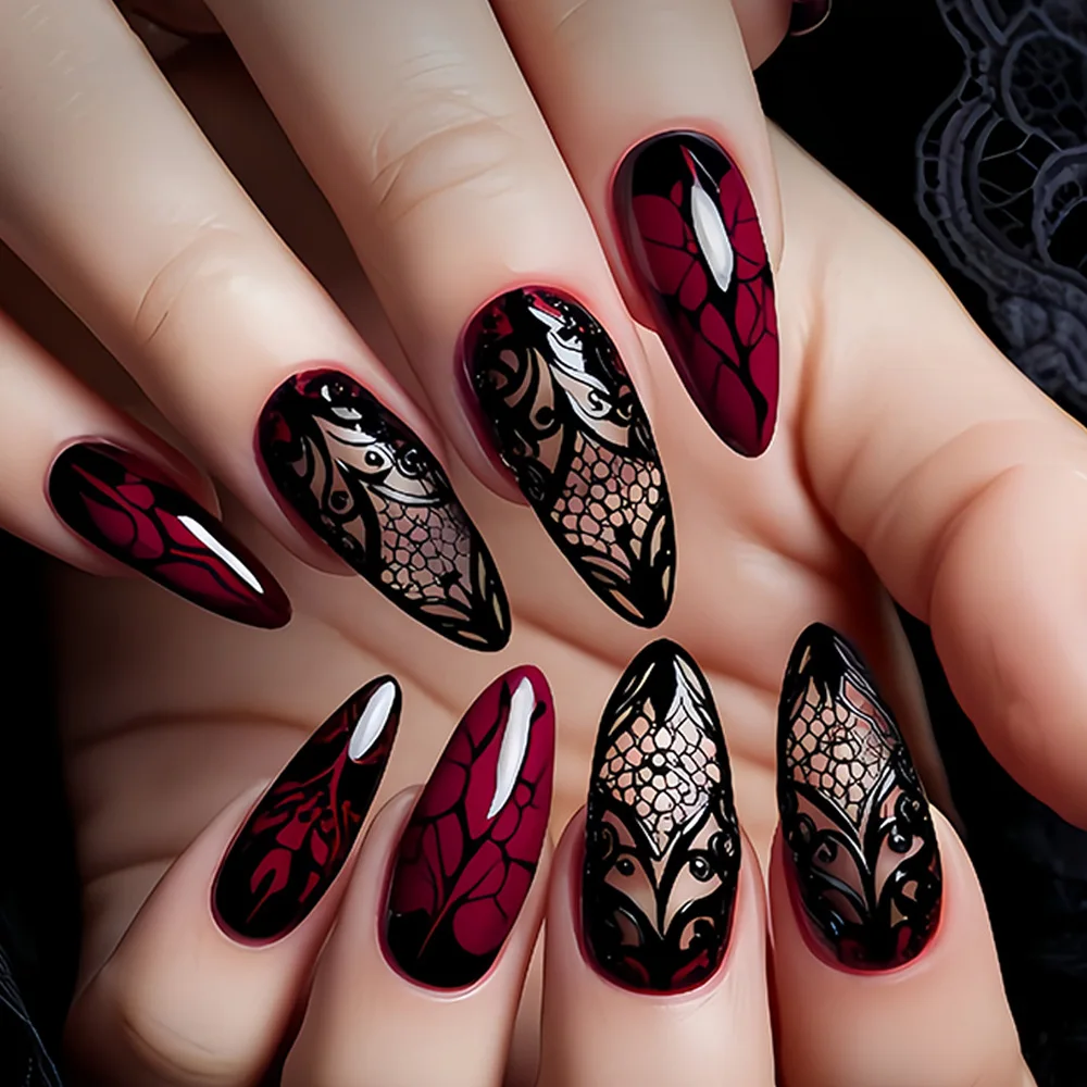 24pcs/set Short Square Ballet almond fake Nails tips Red Black Gold Purple Floral Geometric Pattern Press-On False Nails art set