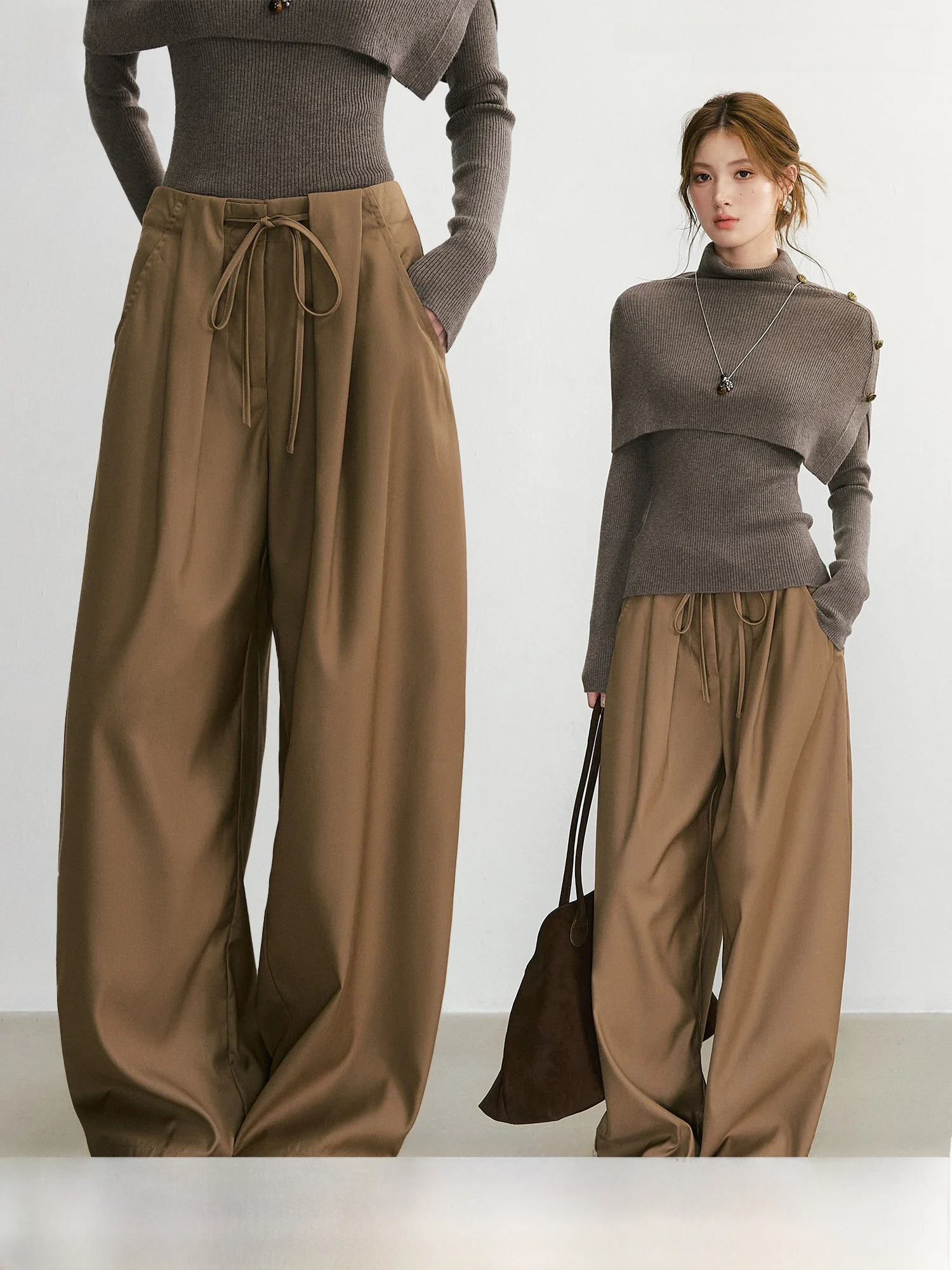 High Waist Wide Leg Casual Pants QDQD Laid-back Style Pleated Draping Floor-Length Meat Concealing Slimming Versatile Long Tr...