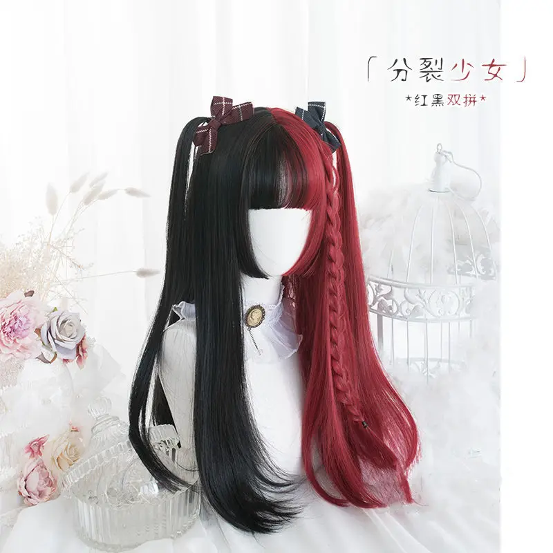 ‌ Peluca recta de corte Hime: pelo de princesa Lolita, cosplay de Halloween, peluca de anime natural negra/azul/rosa para mujer