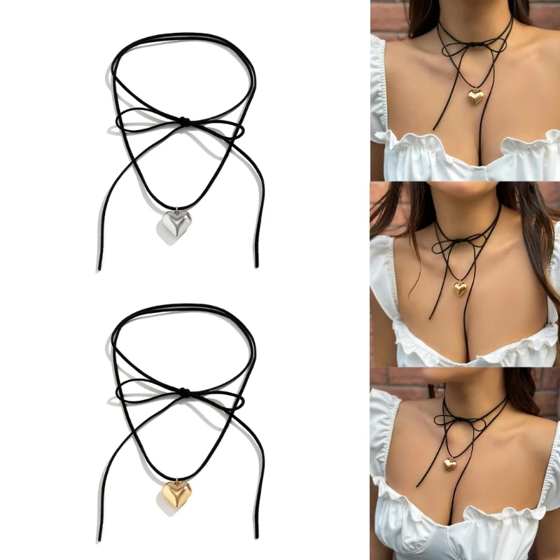 Adjustable Velvet Bowknot Choker Neck Tie Chain Fashion Heart Pendant Necklace Jewelry Elegant Clavicle Chain Necklace