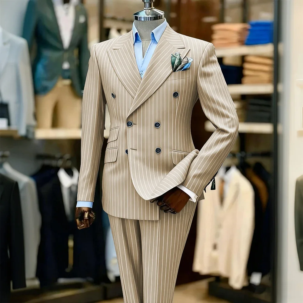 

Мужской повседневный полосатый костюм-двойка: пиджак и брюки, приталенный крой, двубортный, для свадьбы, выпускного, на каждый день, для улицы, для особых случаев