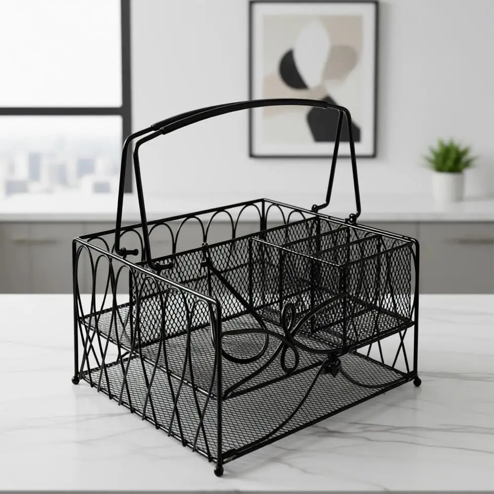 

Large Antique Black Metal Picnic Plate Napkin & Utensil Storage Caddy for Indoor/Outdoor Use