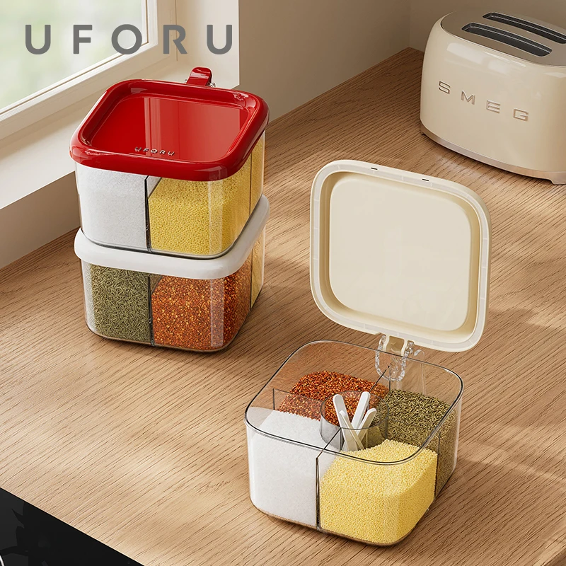 UFORU Airtight Divided Spice Box Large Capacity Independent Spoon Slots Practical Condiment Organizer for Kitchen Pantry