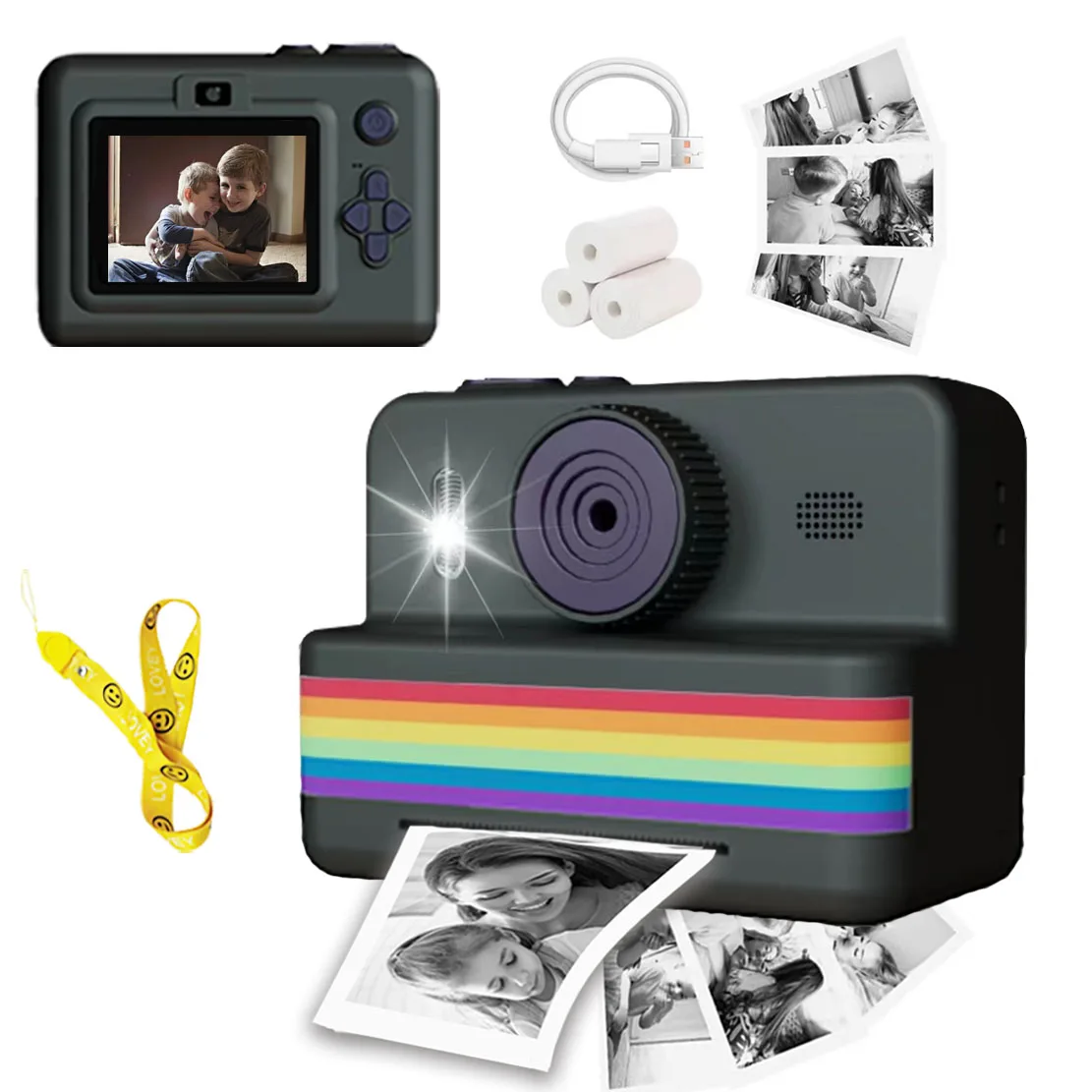Appareil Photo Instantané Enfant – 14 MP, 1080p, Écran 3″, 32 Go – Impression Thermique N&B – Cadeau 3-14 Ans