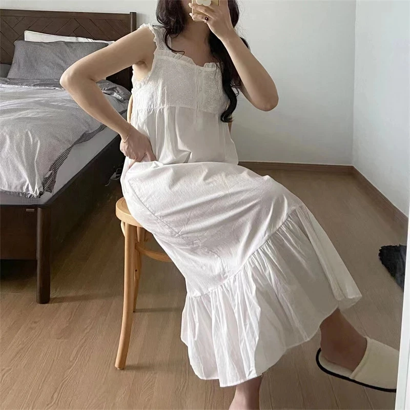 White Korean Autumn Nightgown Women Sleeveless Square Collar Long Sleepwear Lace Crochet French Night Dress Elegant Sweet