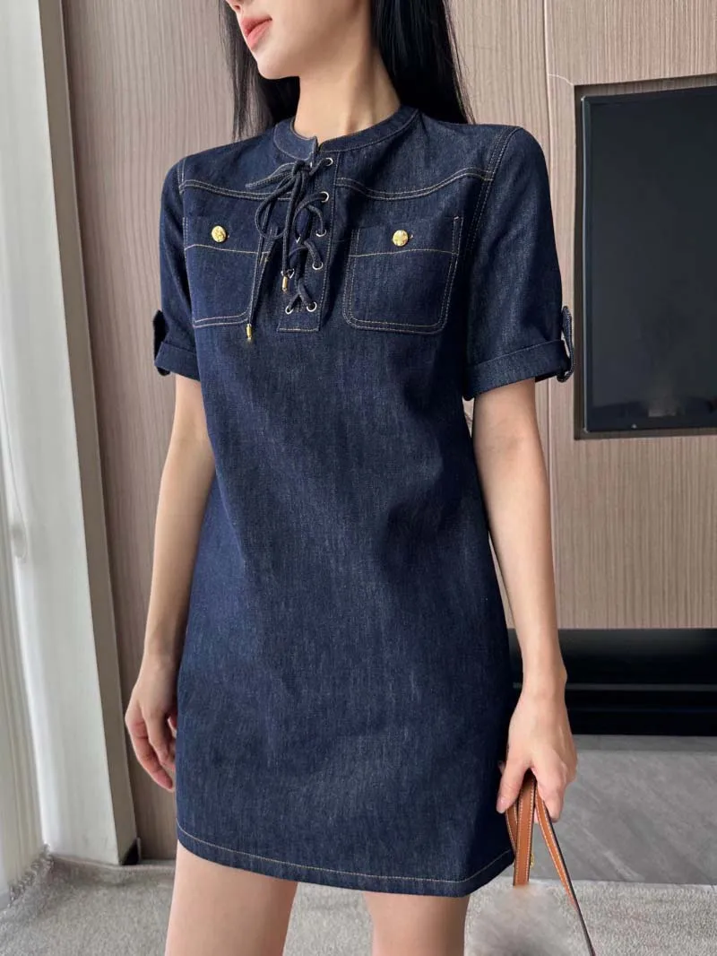 

American women's dress, fashionable retro temperament, versatile, slim fit, stand up collar, lace up denim A-line skirt