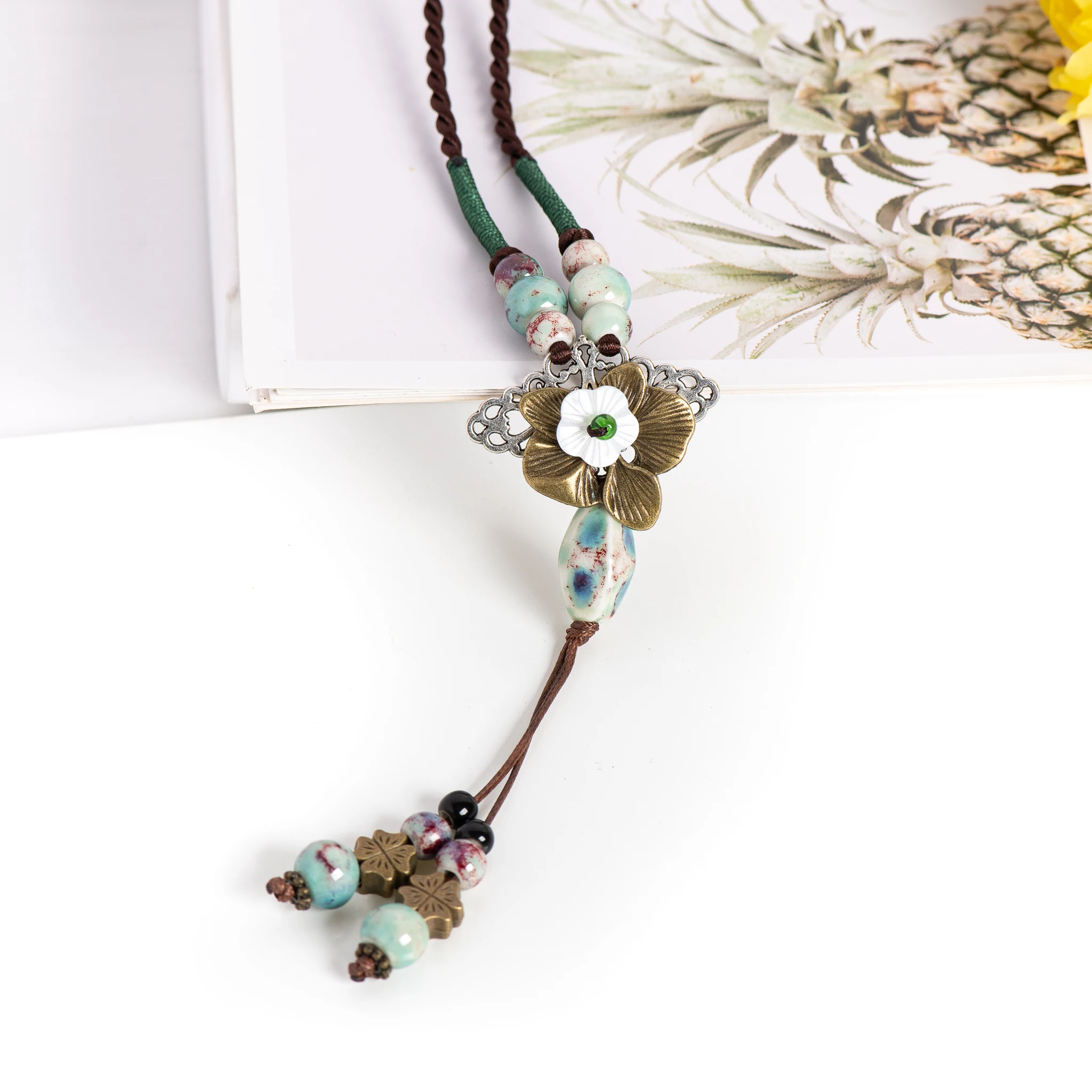 Handmade Ceramic Pendant Necklace for Women Boho Vintage Long Necklace Adjustable Ethnic Style Jewelry