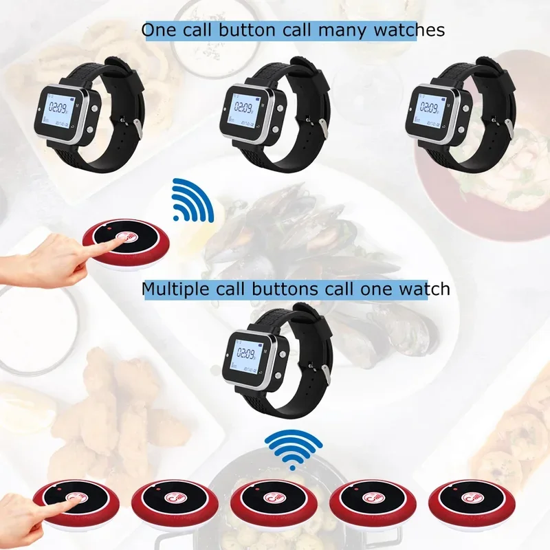 QWICALL 1pcs Watch Receiver Black Table 10 Button Restaurant Pager Waiter Wireless Calling System For Plant Hospital Bar Cafe