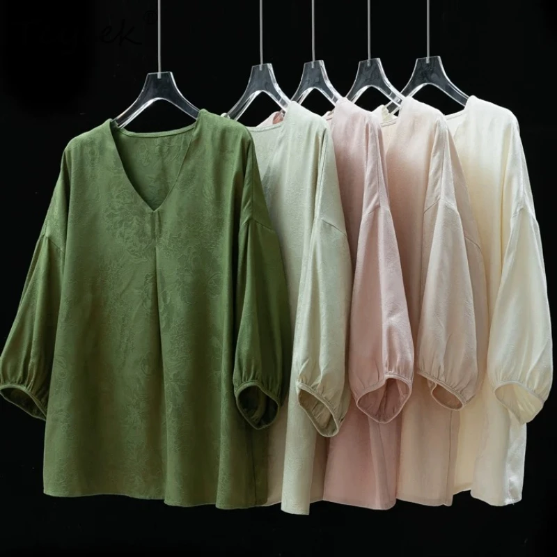 Tcyeek 100% Real Silk Women Shirts 2026 Spring Summer Delicate Loose Solid Color Lantern-sleeved Top Woman Clothes Tops De Mujer