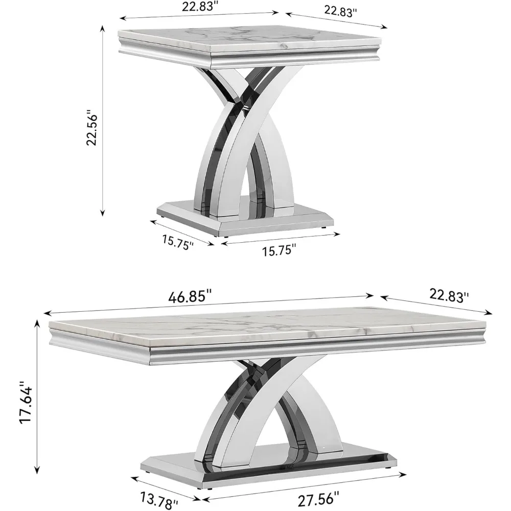 3 Pieces Coffee Table Set, Faux Marble Living Room Table Set of 3, Modern Coffee Table and 2 End Tables with X-Shaped Stainless
