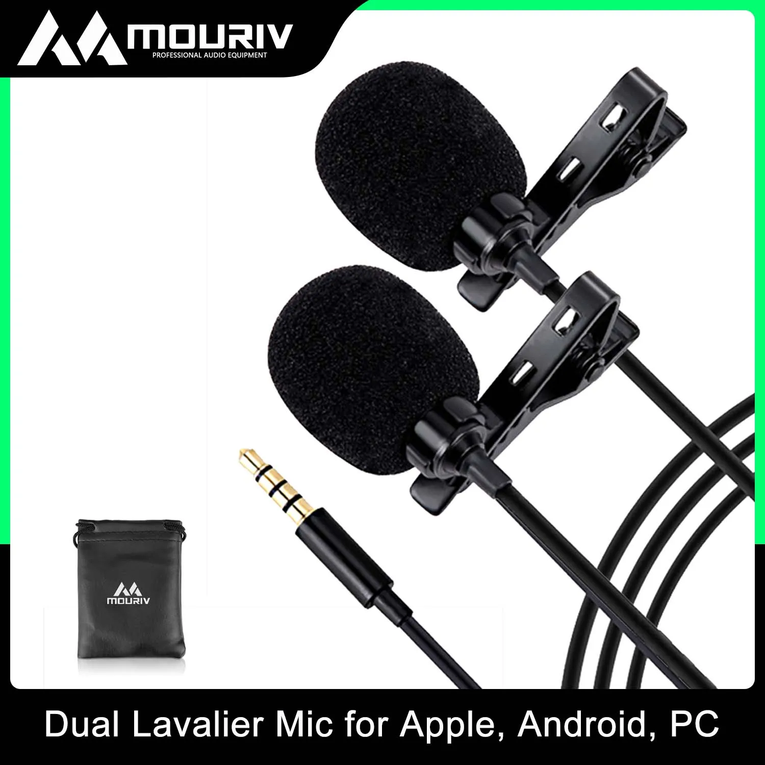 

MOURIV CM206 Dual-Head Lavalier Mic, 3.5mm connector with 2.4m cable Omnidirectional Mic for Interview, Apple, Android Phones PC