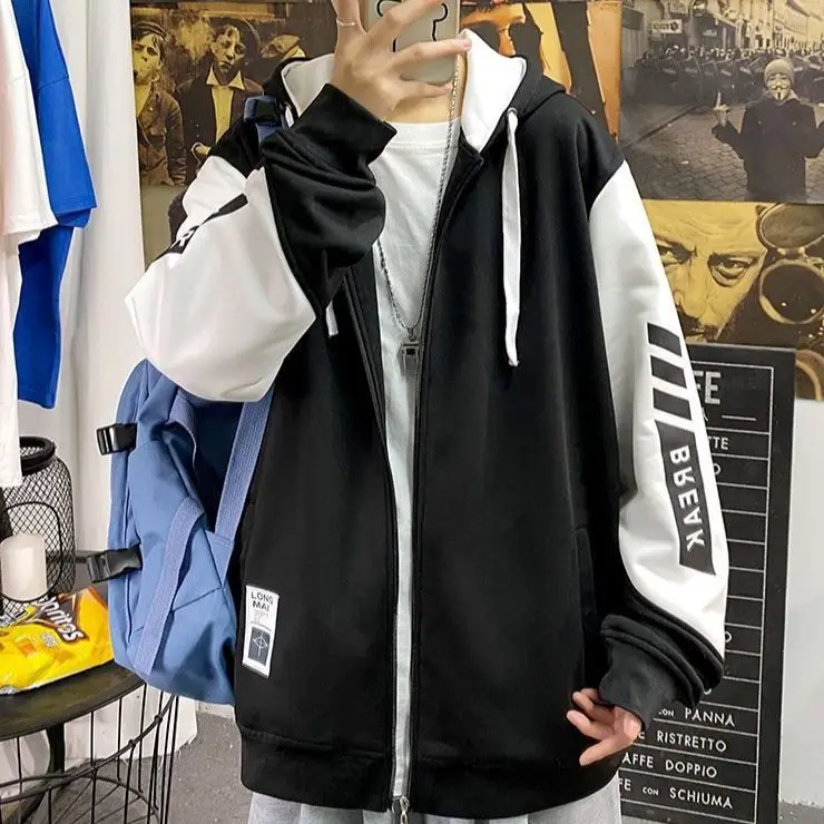 Autumn Winter Versatile Sports Hoodie Casual Men Loose Tess Sporty Cool Boys Soft Preppy Style School Student Print Stripes