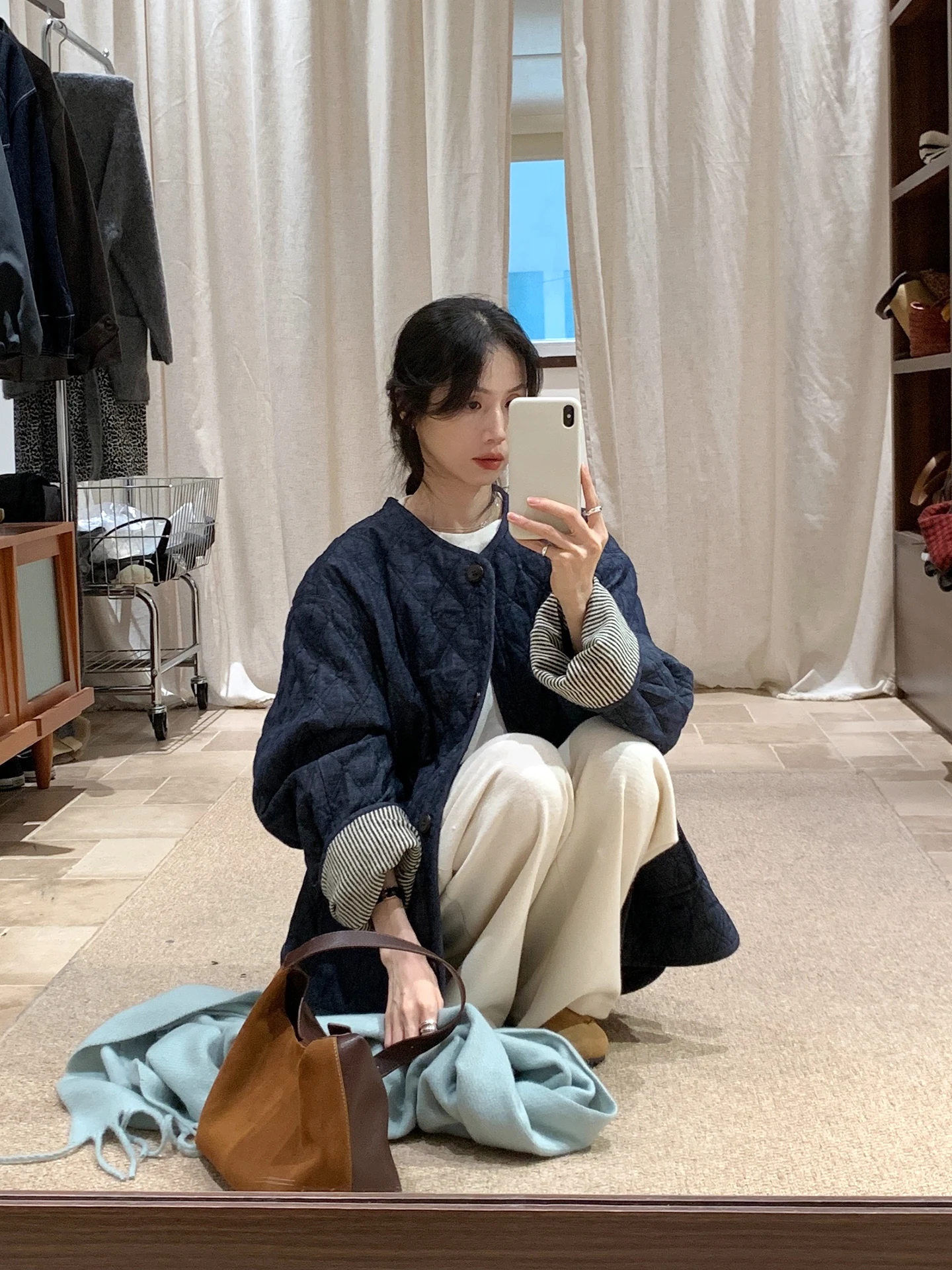 

BRIVIN Korean Sle Plaid Splicing Cotton Jaet Women's Loose Slimming Personali Top Mid-Length Sve Long Button Closure