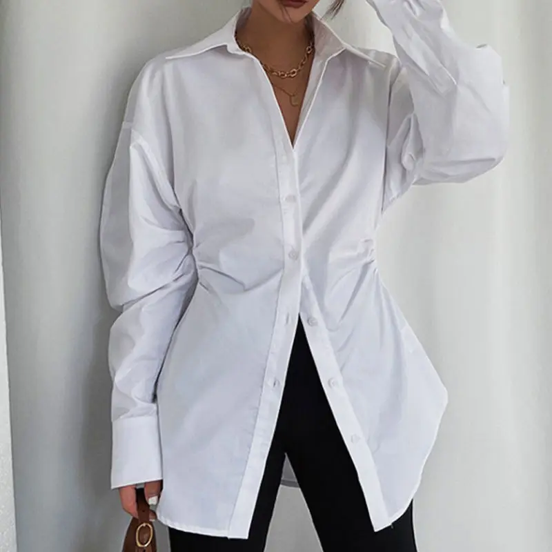 2023 Autumn Winter Women Turn Down Collar Long Sleeve Shirts New In Elegant Lady Slim Waist Cotton Blouse Shirring White Tops