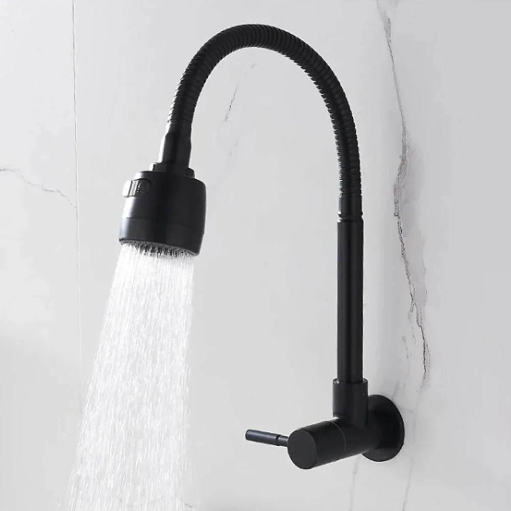 Cold Water Two Modes Tap Zinc Alloy Sink Flexible Hose Sink Wall Mounted Faucet Kitchen Faucet G1/2Inch Thread Black