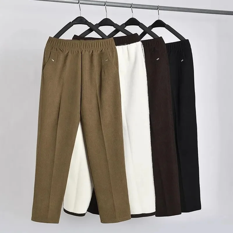 Spring Autumn Women Corduroy Pants New Elastic High Waist Casual Middle and Old Mom Pants Winter Plushed Warm Straight Pants 8XL