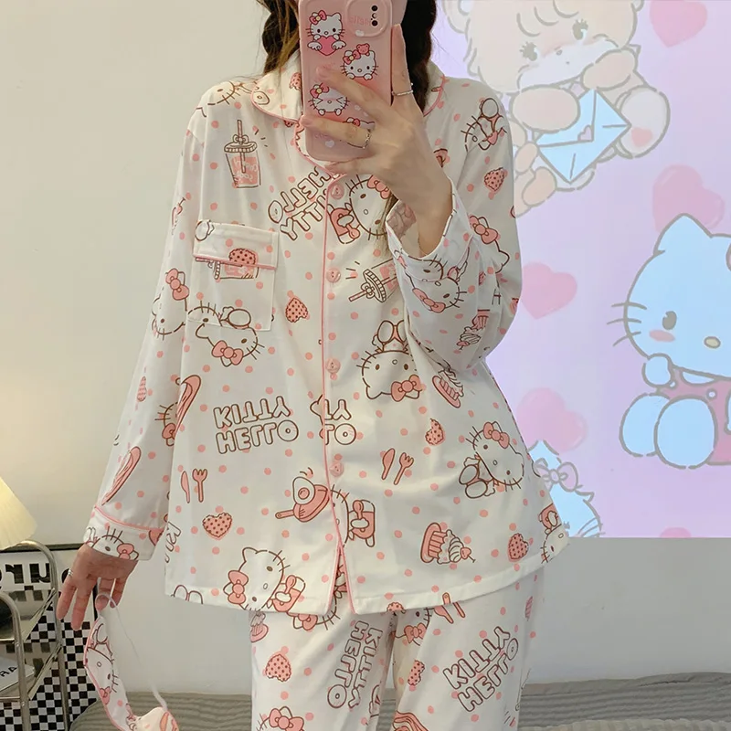

Sanrio Hello Kitty Young Girl Pajamas Kawaii Cartoon Student Autumn Thin Version Long Sleeves Long Pants Leisure Homewear Set