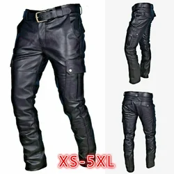 Calça reta masculina de couro PU falso, bolso com zíper, calça casual cintura média, preto, tamanho grande, roupa de rua masculina