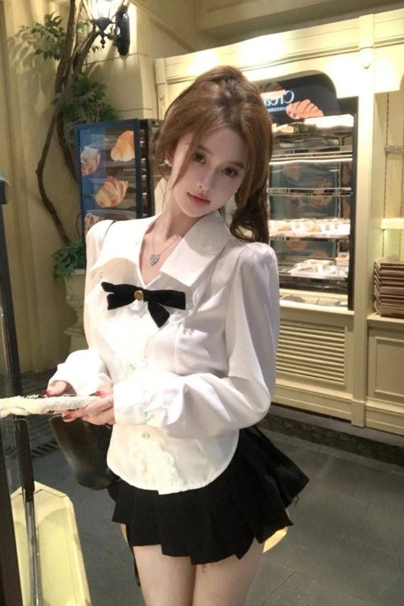 

Женская белая кружевная рубашка с французским сращиванием, весна 202, облегающая блузка с лацканами и бантом на талии, милые офисные женские топы с длинными рукавами