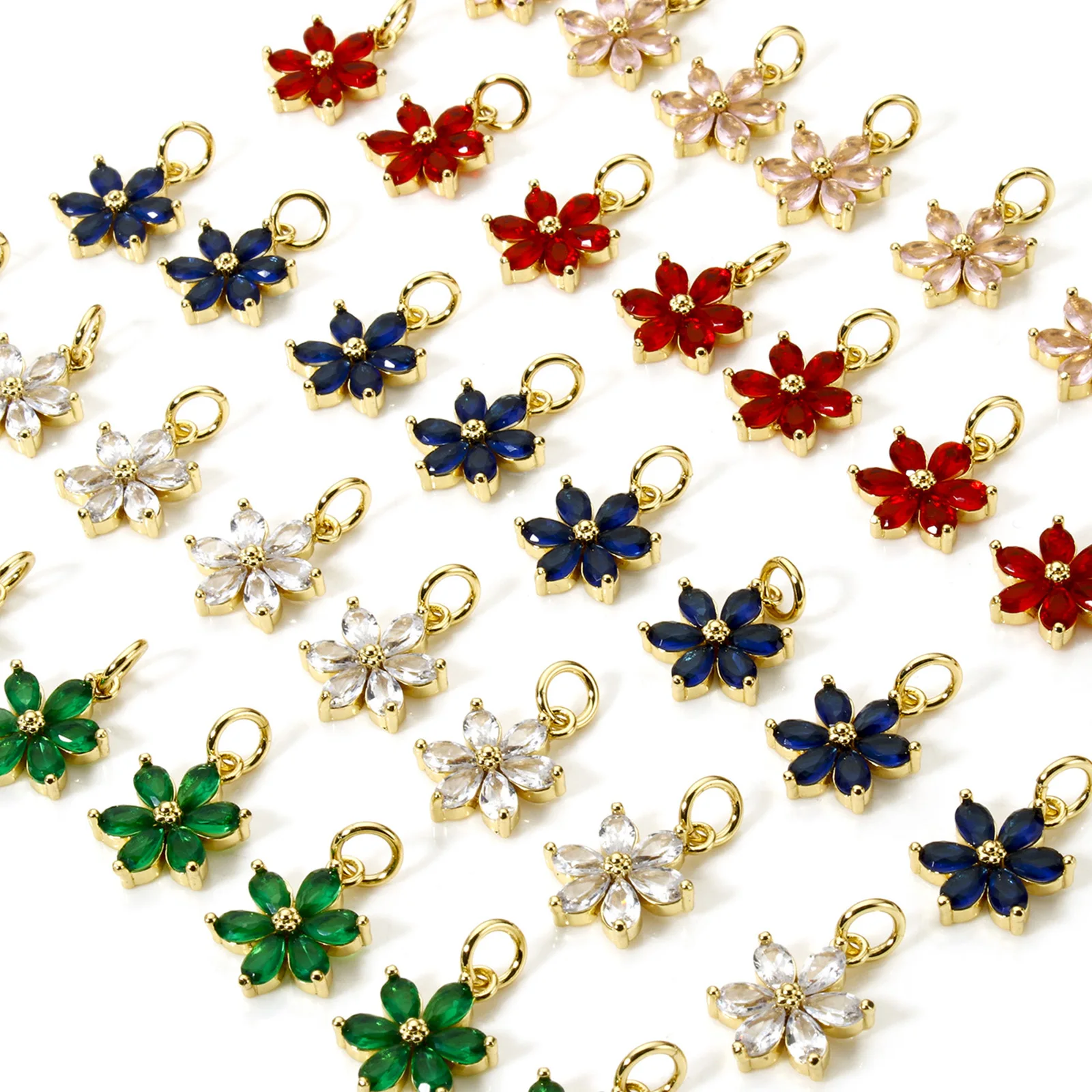 2PCs Glass Flower Shaped Brass Pendant 18k Gold Plated Delicate Small Pendants With Circular Rings DIY Necklace Women Jewelry