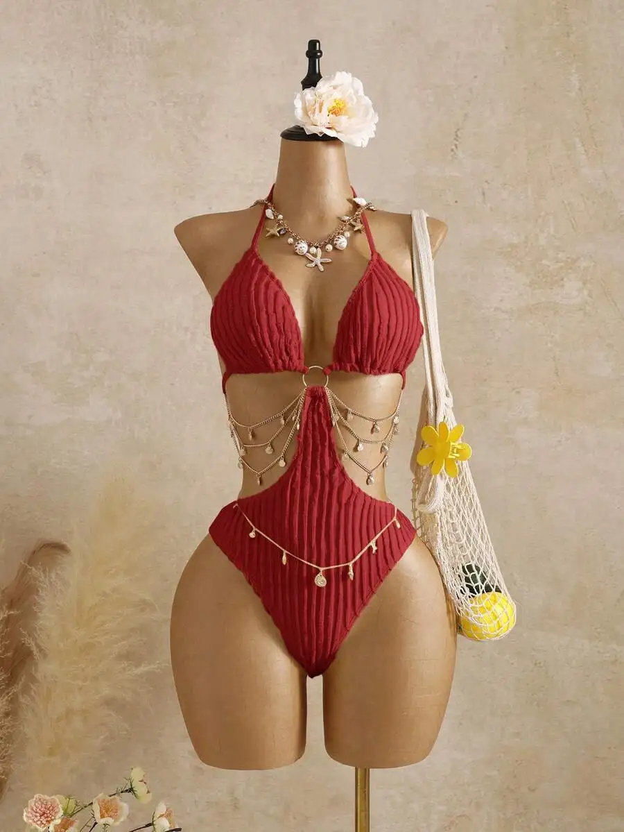 White Ribbed Cut Out Monokini With Chain Detail Halter Neck Swimsuit - view 4