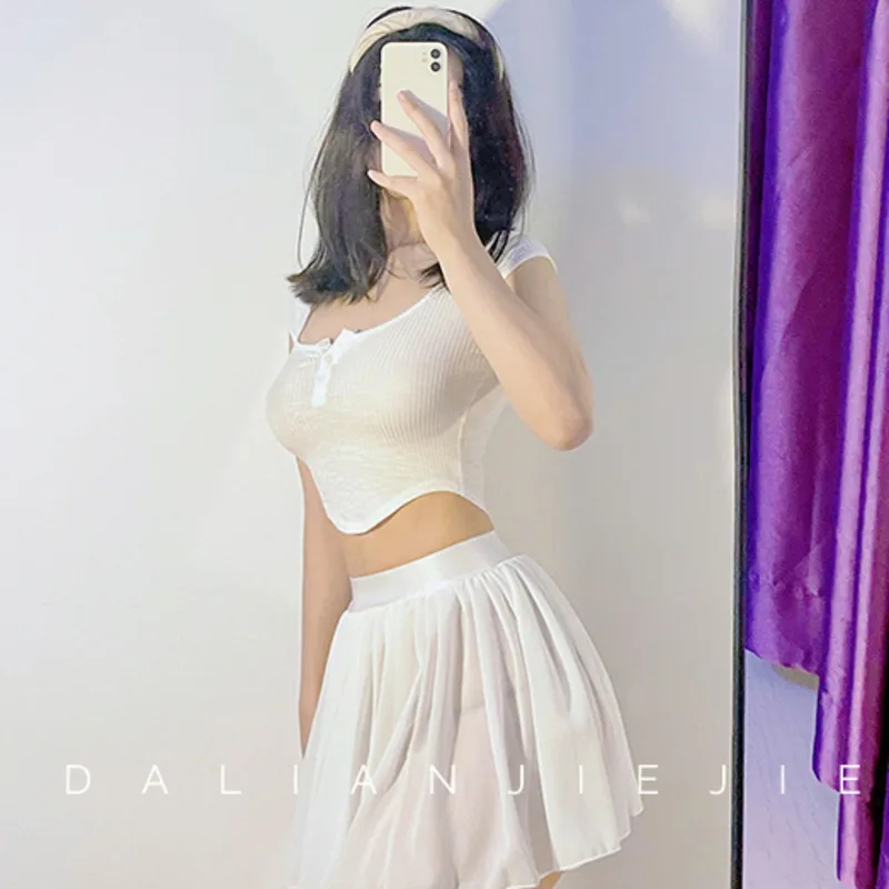 Super Sexy Asian Girl Mini Skirts Mesh Lace Transparent Women Cosplay Hot 2022 Pleated Skirt Solid Color Miniskirt Korean 5I9X