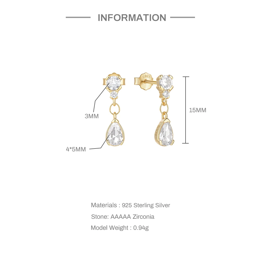 Aide 925 Sterling Silver Water Drop Zircon Drop Earrings Dla kobiet 18K Gold Minimalism Earrings Fine Jewelly Wedding Patty Gift