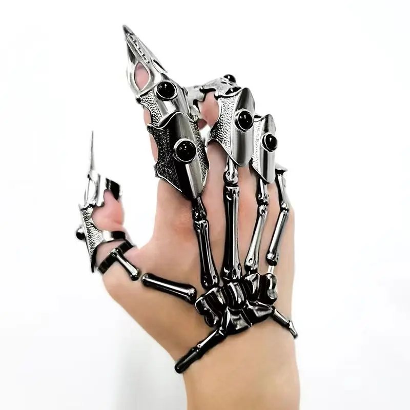 Techwear Style Gothic Punk Metal Skeleton Claw Gloves Men Women Halloween Cosplay Adjustable Technology Mechanical Gloves