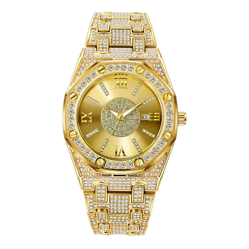 1 pièce / lot Montres de marque cool pour hommes, style hip-hop, entièrement serties de diamants, bracelet en alliage doré, montre à quartz avec calendrier, Relogio Masculino Ouro 2024