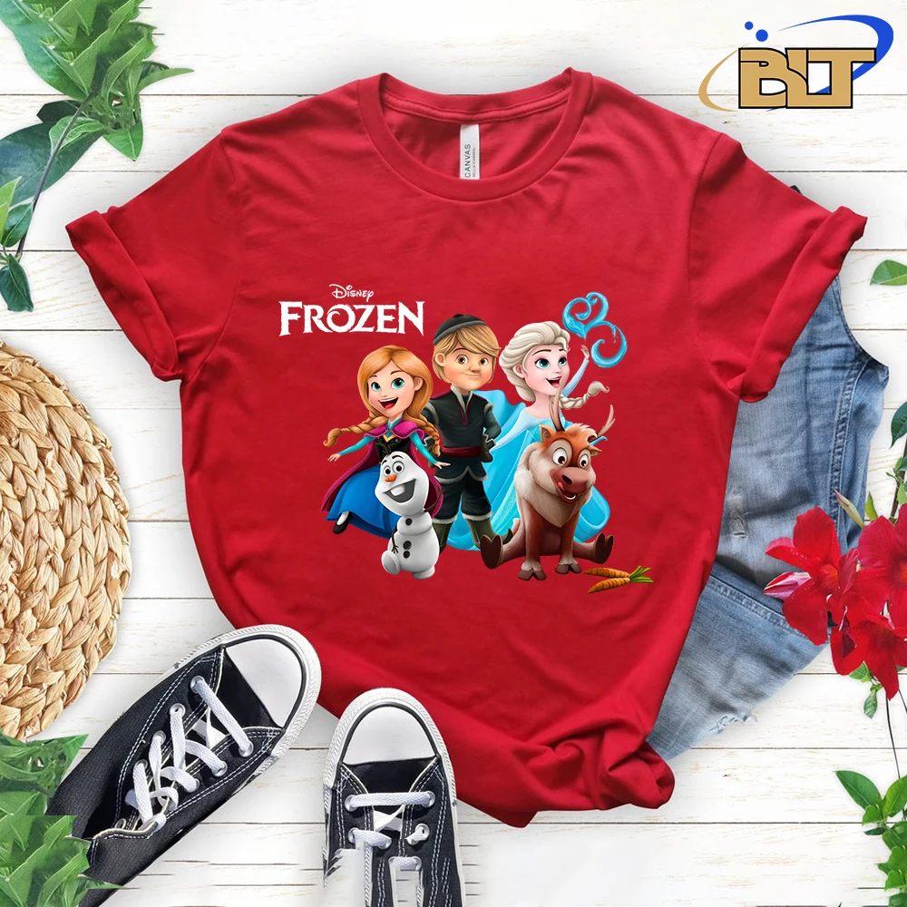 Frozen Print Women's T-shirt Casual Top Red Cotton Short Sleeve