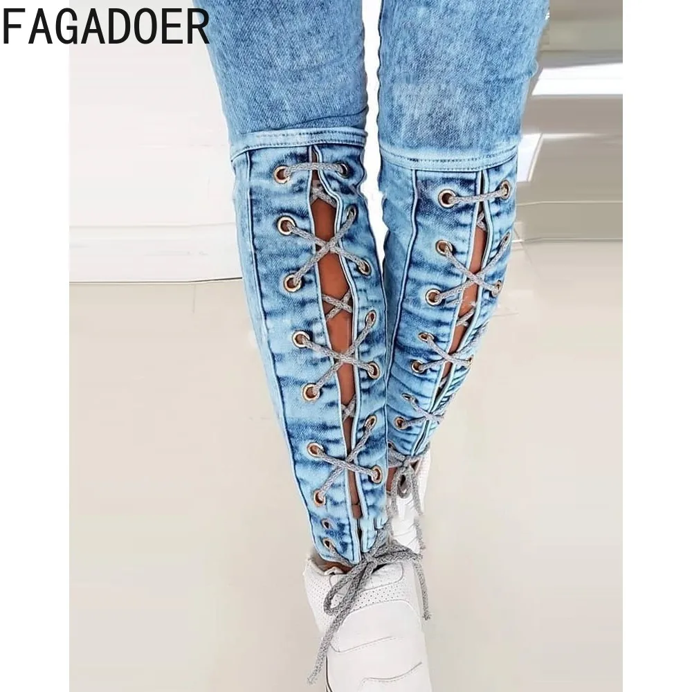 FAGADOER Blue Denim Fashion Solid Bandage Hollow Skinny Pants Women High Waist Skinny Jean Trousers Casual Female Cowboy Bottoms