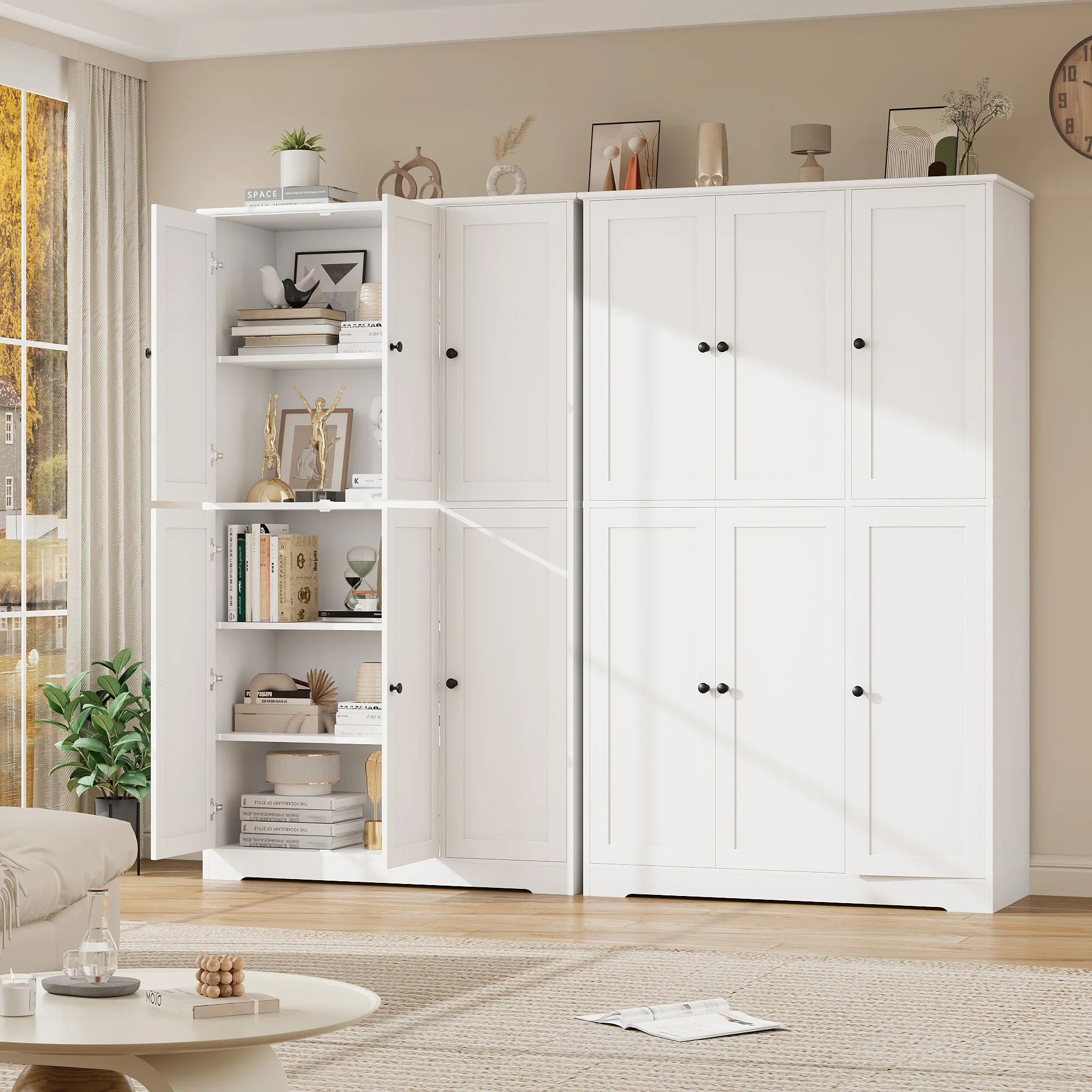 Armadio da Cucina Getone con 6 Ante, Mobile Contenitore Alto, Credenza Indipendente con 2 Ripiani Regolabili, Dispensa, Arredamento Sala da Pranzo 106x37x180cm