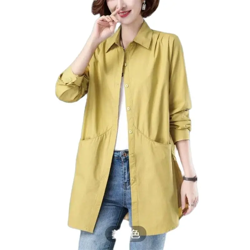 Mode Volledig Katoenen Shirt Medium Lange Lente Zomer Herfst Dames Shirt Blouse Koreaanse Losse Casual Shirts Jas 2023 Nieuwe 4xl