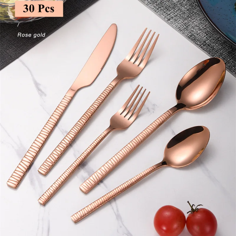 30 Pcs Luxury Golden Cutlery Set Dinnerware Set Tableware Black Dinner Fork Knife Silverware For 6 Flatware Drop Shipping