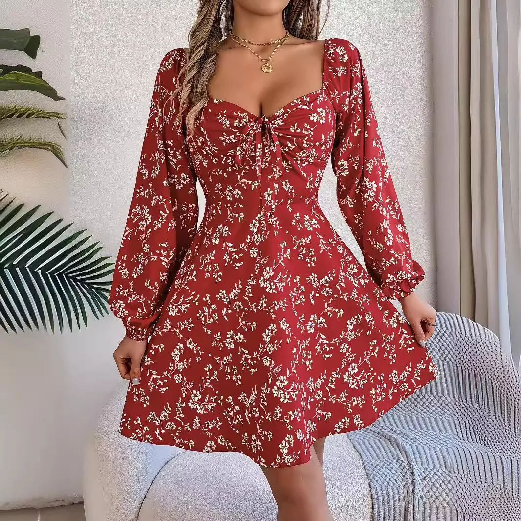 Sexy Floral Dress with Lace Up Square Neck Long Sleeve A Line Dresses for Women Spring Summer Matching Set
