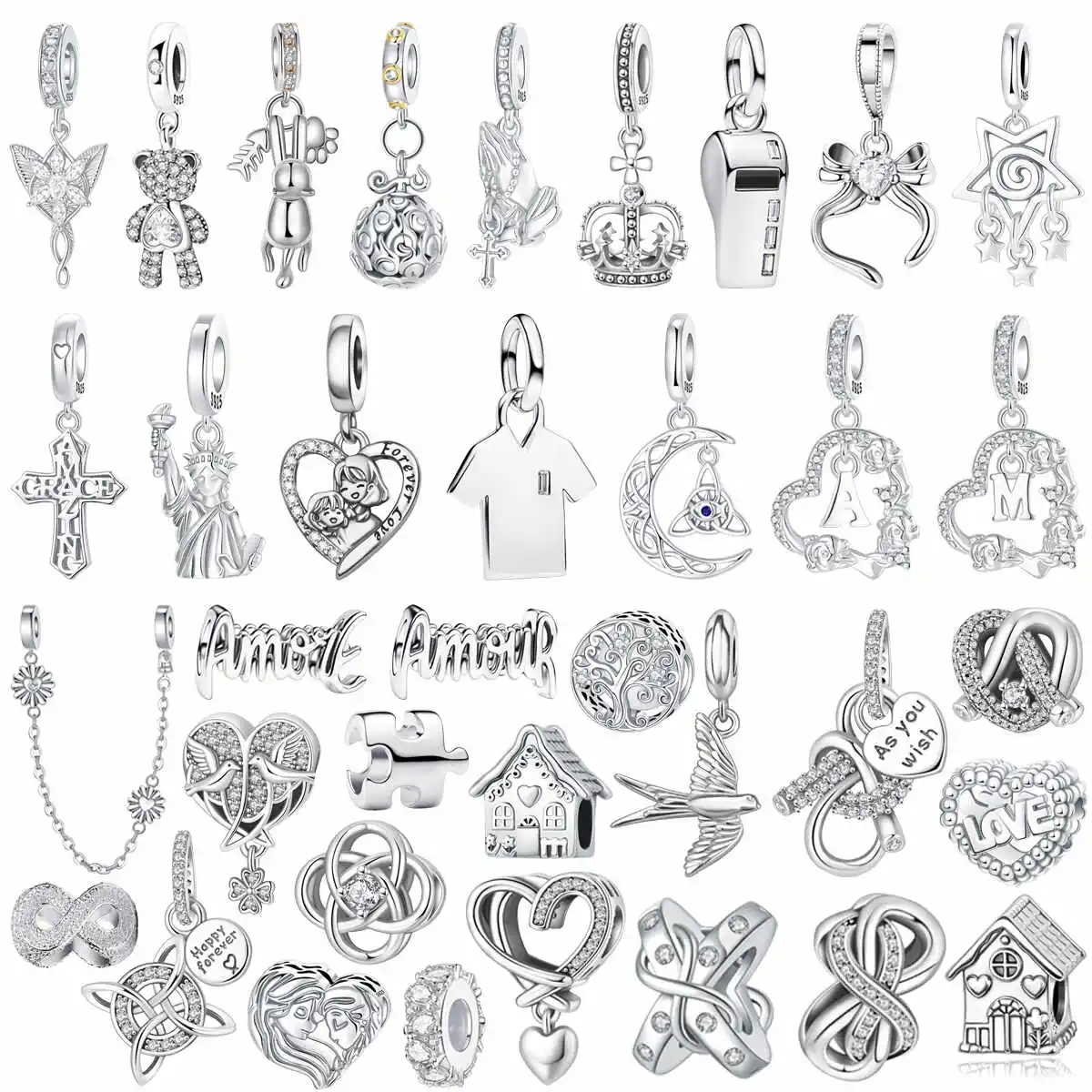 925 Sterling Silver Charms Cottage Letter Bird Heart Elephant Bear Shell Bead Pendant Bracelets Necklaces Women DIY Jewelry Gift