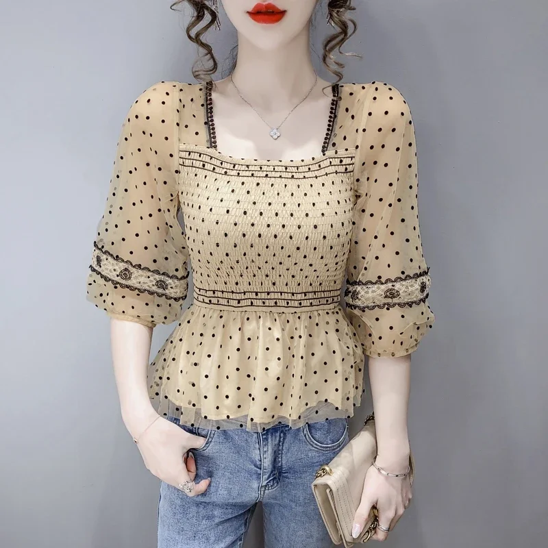 

New Fashion Summer Vintage Blouses Women Sexy Korean Casual Polka Dot Printed Chiffon Blouse Ladies Slim French Corset Top Z771