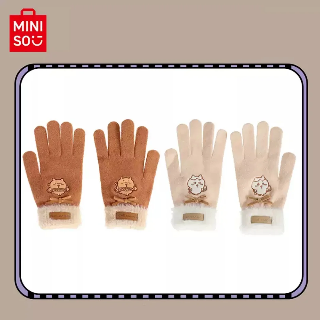 Chiikawa Co-Branded Full-Finger Warm Gloves with Cute Embroidered Plush Edges, Suitable for Students' Daily Use in Autumn and Winter, with Added Fleece for Wind Protection