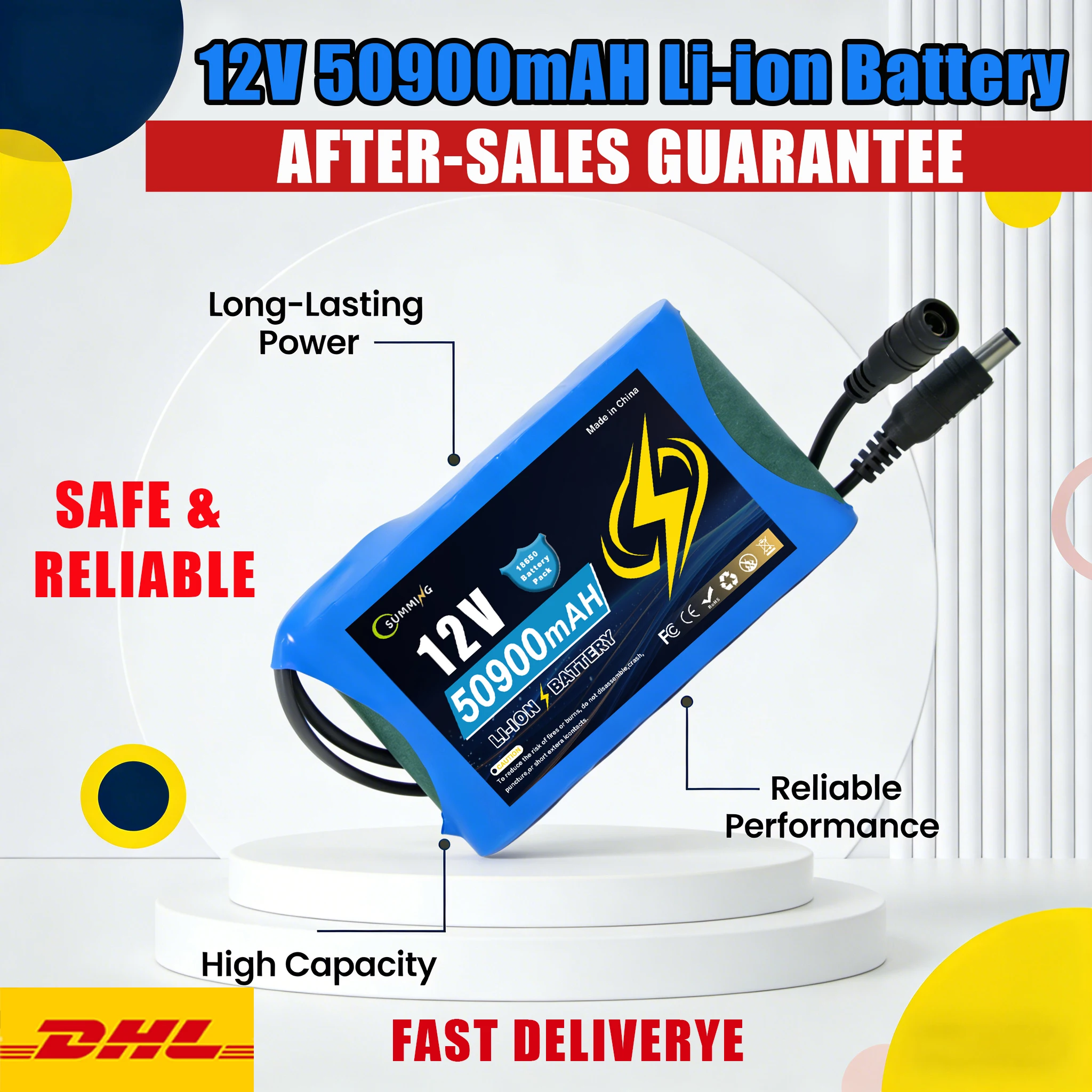 

12V 50900mAh High Power3S2P 18650 Battery Pack with BMS Protection Board, Super Rechargeable 12.6V DCOutput