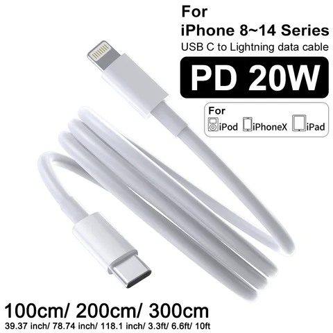 Câble USB C vers Lightning TPE certifié MFI, 1M, 2M, 3M, charge rapide, fil de données, cordon de chargeur pour iPhone 14 13 12 X XR