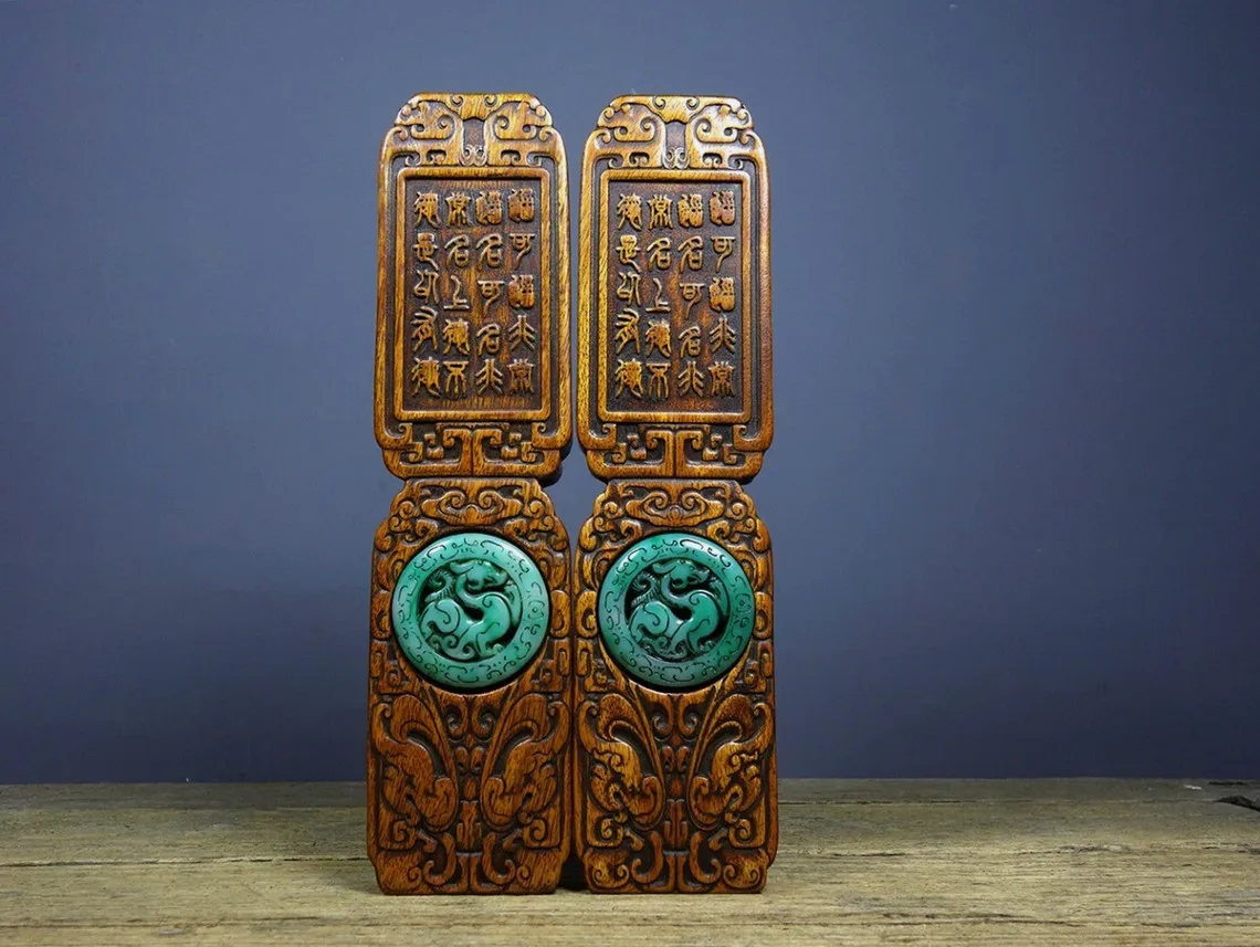 Old Tibetan Pear Wood Precision Inlaid Jade Pendant Ruler