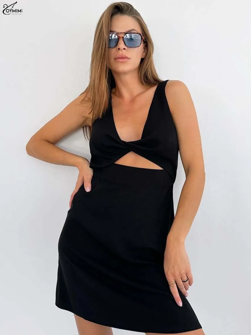 

Oymimi Fashion Black V-Neck Women's Dress Elegant Sleeveless Hollow Out Zipper Dresses Autumn Straight Mini Dresses Streetwear
